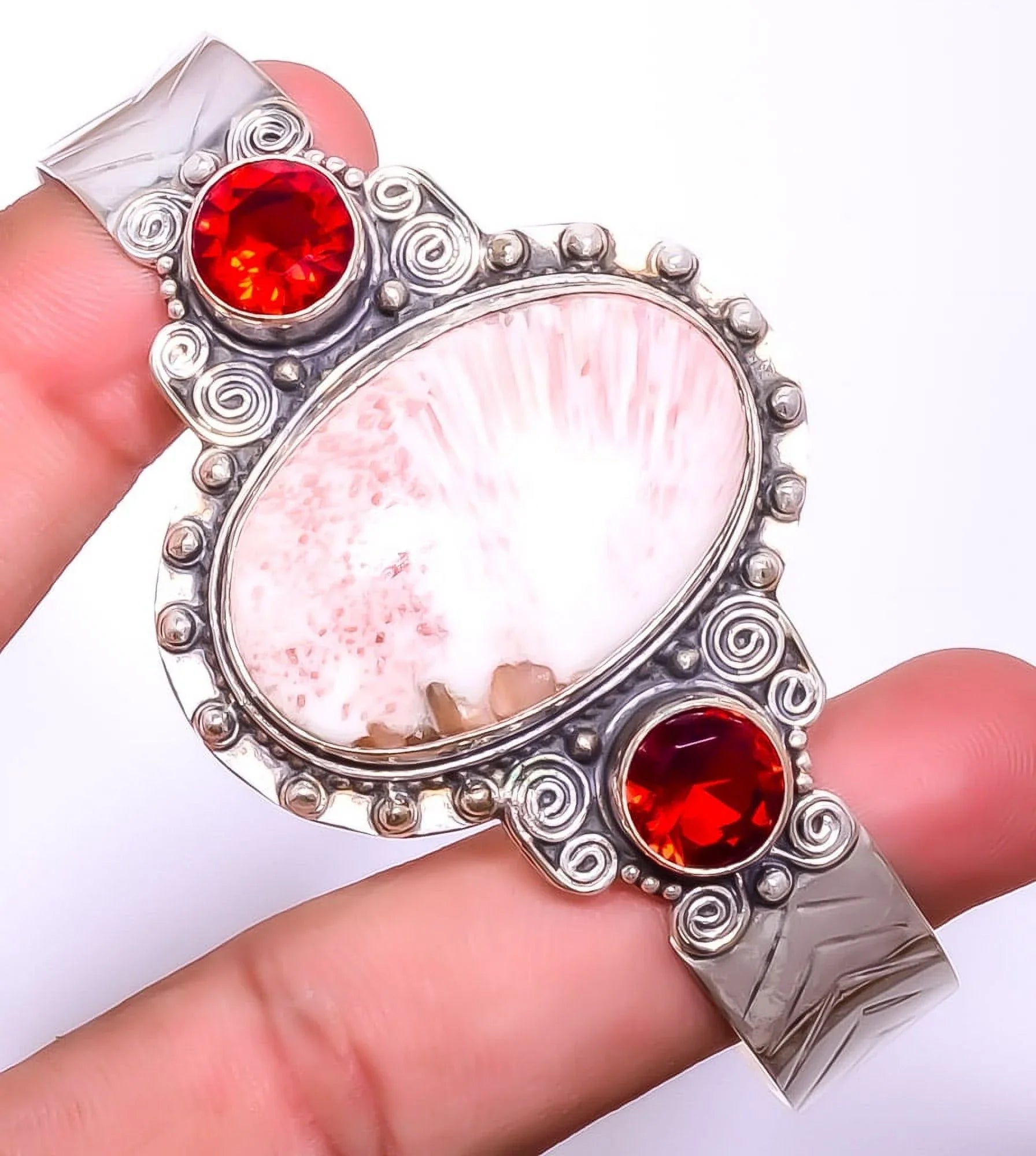 Orange Scolecite - India & Garnet 925 Silver Plated Bali Cuff Adst. T919, Valentine's Day Gift, Birthday Gift, Beautiful Jewelry For Woman & Girls