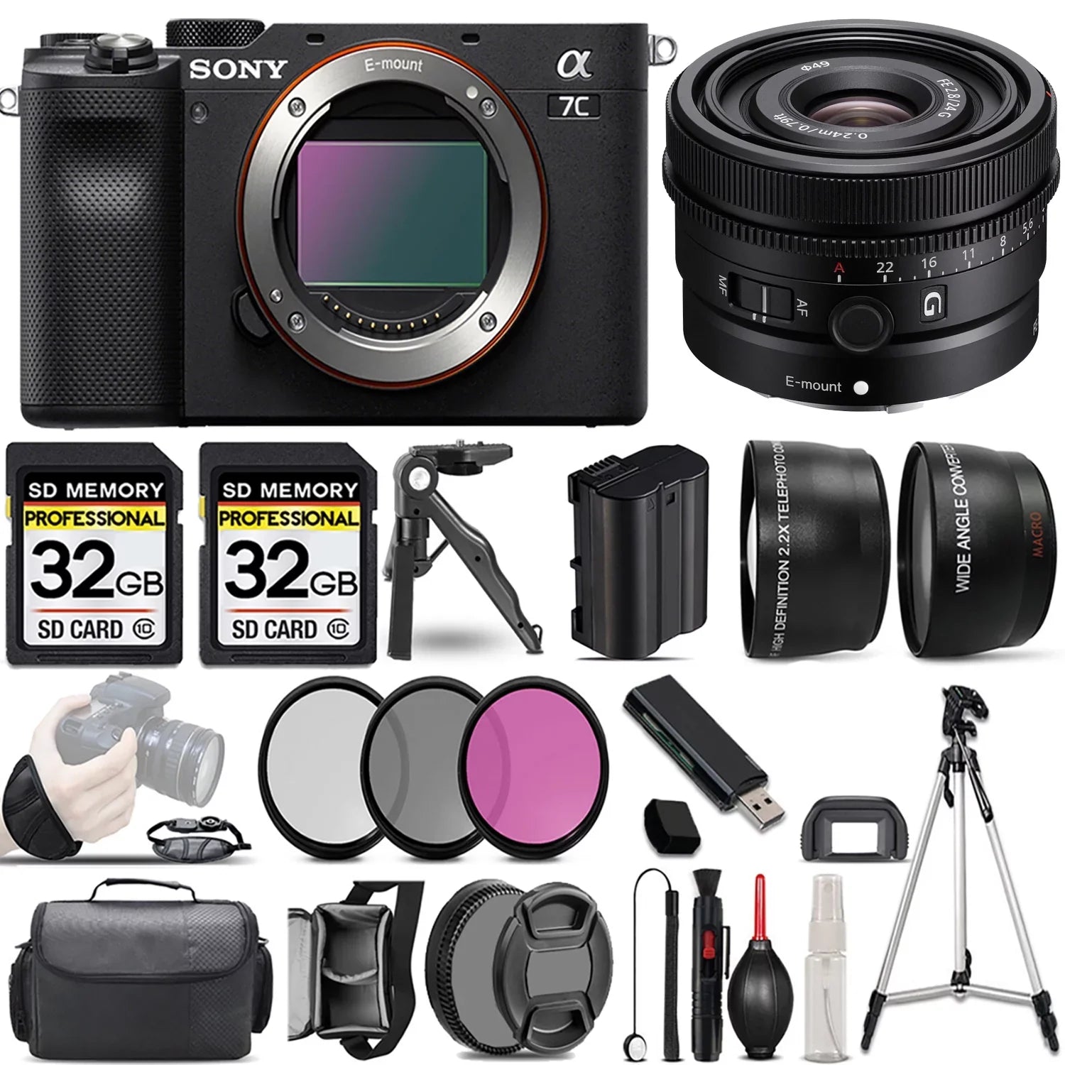 Sony a7C Camera (Black) Camera +24mm f/2.8 G Lens +3  Filter +64GB
