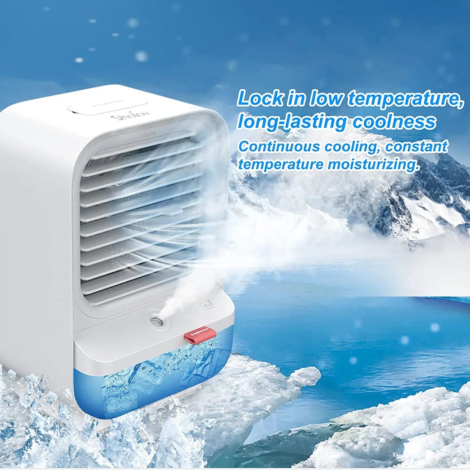 Sholov Portable Air Conditioner Fan Mini Personal Evaporative Air Cooler 90 Shaking Head with Battery with 3 Speeds & 2 Misting &  Light for Home, Bedroom, Travel & Office,  Charging, White