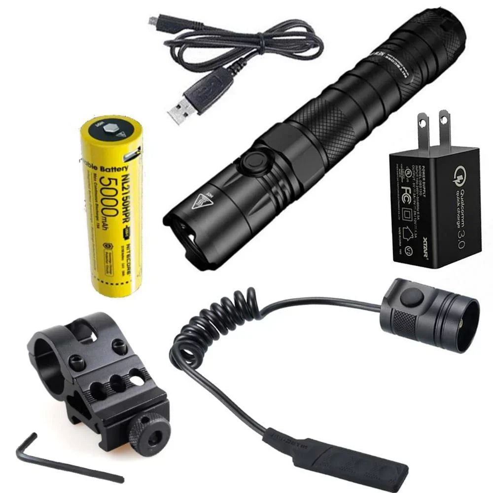 Nitecore New P12 Version  Flashlight - 1200 Lumens w/NL2150HPR Battery,  Cord, Offset Mount, RSW3 Pressure Switch,  and  3Amp Wall Adapter