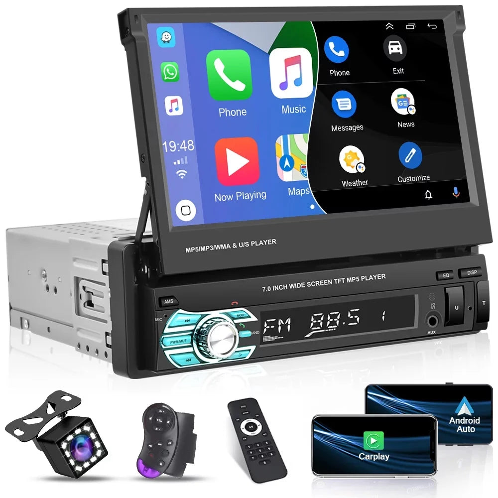 Podofo Universal Single 1  7"  Touchscreen Retractable Car Stereo Radio Bluetooth Auto Apple Carplay Android Auto  Video Player Mirror Link Function, with 12  Backup Camera