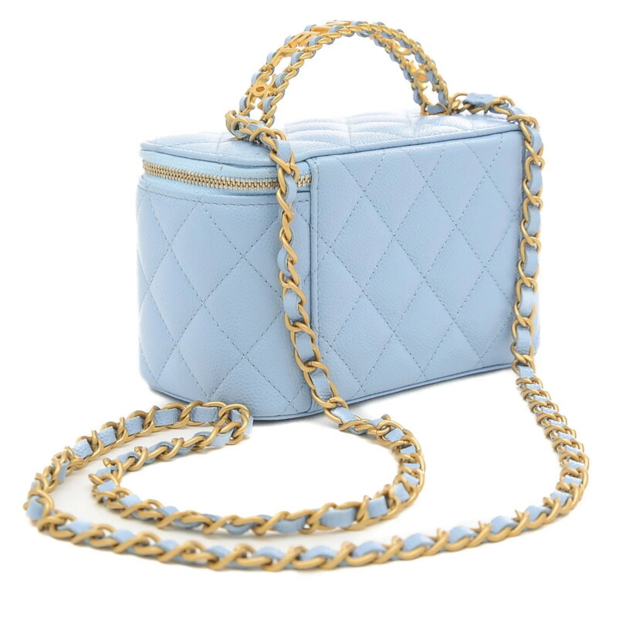 Pre-Owned Chanel Logo Handle Vanity Shoulder Bag Caviar Skin Blue Gold Hardware AP2805 (Good)