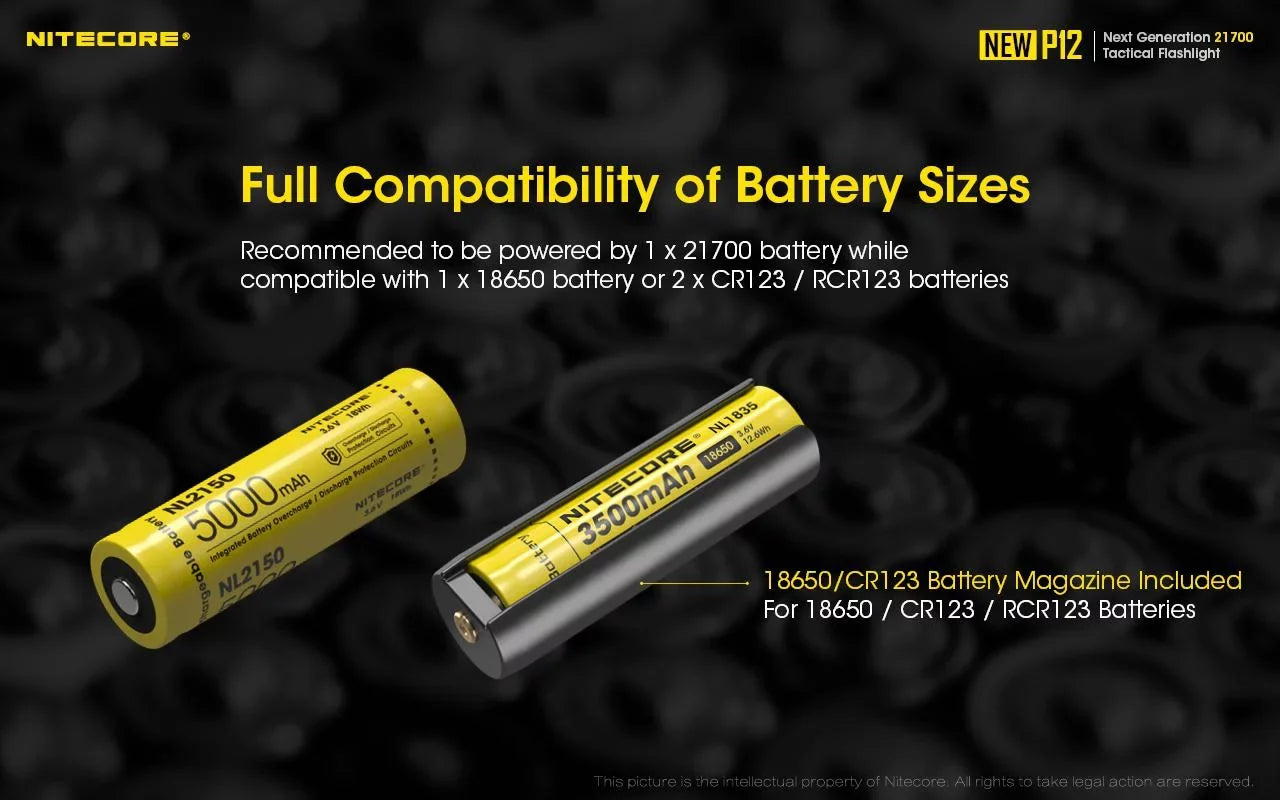 Nitecore New P12 Version  Flashlight - 1200 Lumens w/NL2150HPR Battery,  Cord, Offset Mount, RSW3 Pressure Switch,  and  3Amp Wall Adapter