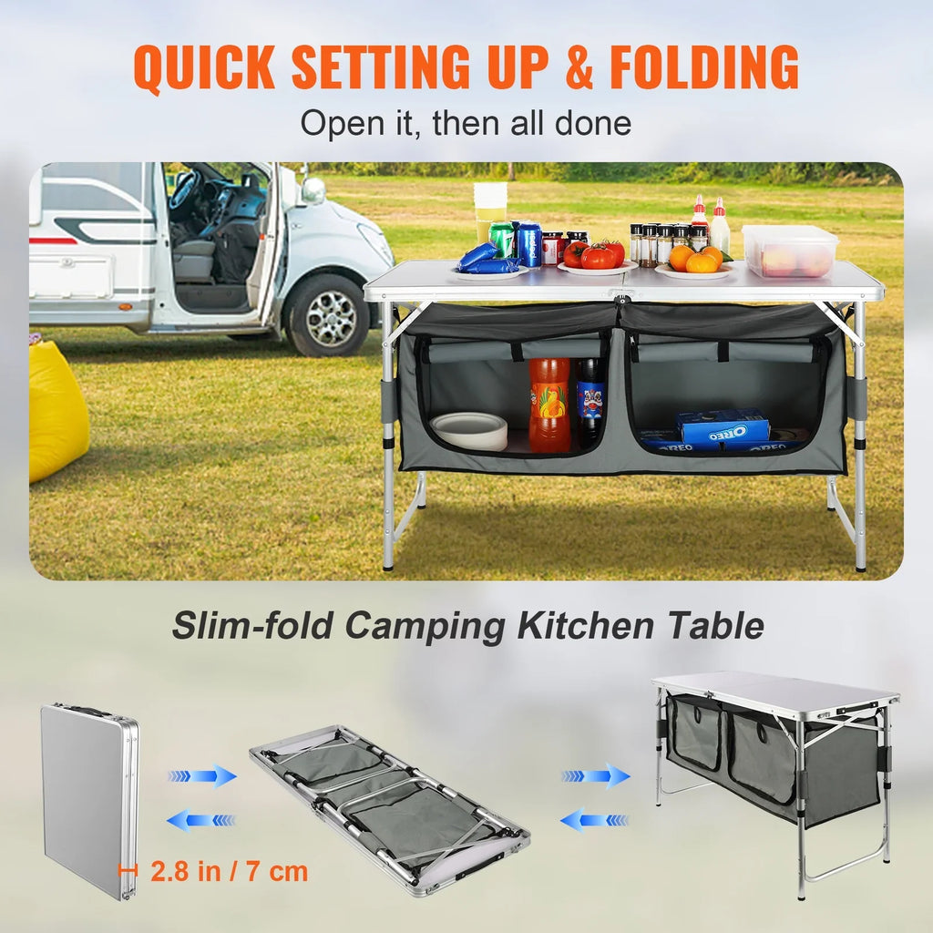 Folding Portable Cook Station 3 Adjustable Heights Camping Kitchen Table