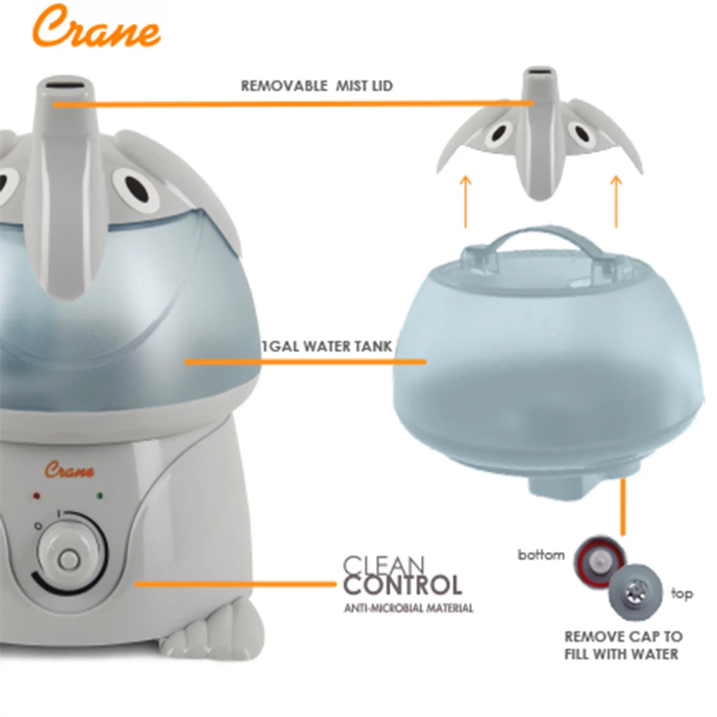 Crane Adorable Ultrasonic Cool Mist Humidifier, Elephant, 1 Gallon, -3186-1PK