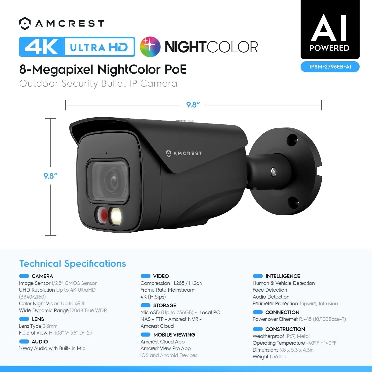 Amcrest 4K  PoE  Camera UltraHD 8MP Security Outdoor Camera,  129°, 49ft Color Nightvision, Human & Vehicle Detection, IP67 Weatherproof, 4K (3840x2160) @15fps, Black, IP8M-2796EB-