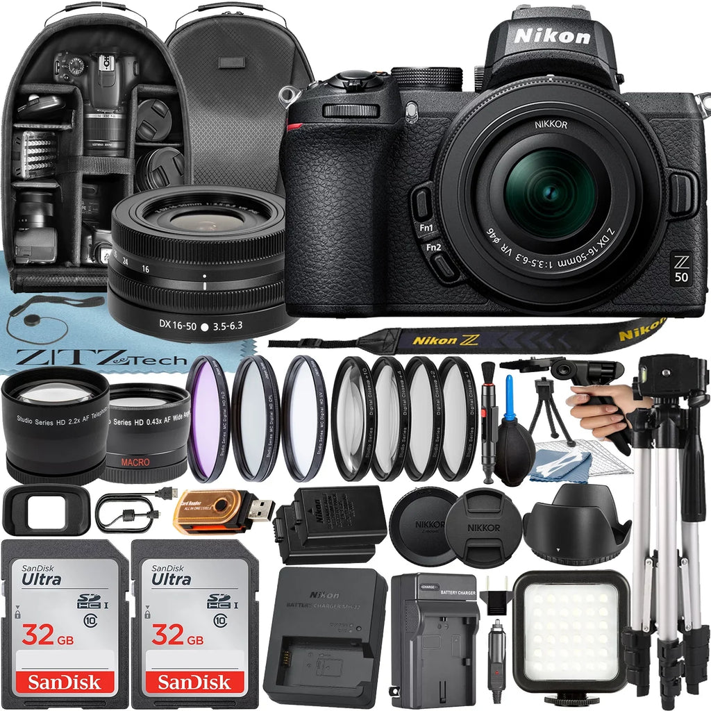 Nikon Z50 Mirrorless Camera with  Z  16-50mm  Lens + 2 Pack 32GB SanDisk Card + Case + Tripod + ZeeTech Accessory Bundle