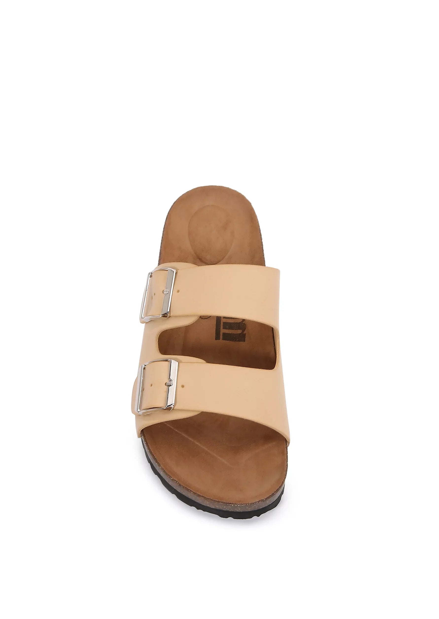 Women Soft Cork Cushioned Footbed  Leather Double Strap Slider Sandal ( Apricot/ 6)