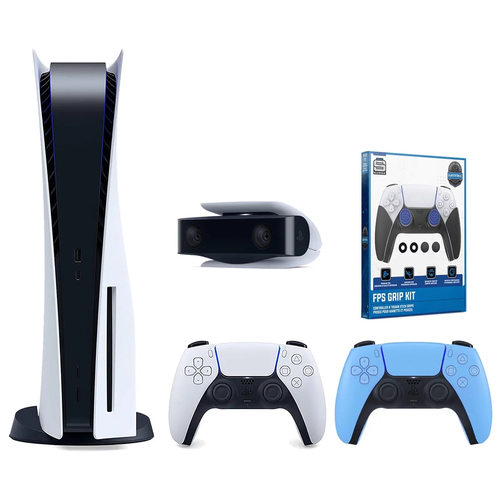 Sony Playstation 5 Disc Version Console with Extra Blue Controller, 1080p  Camera and Surge  Grip Kit With Precision Aiming Rings Bundle