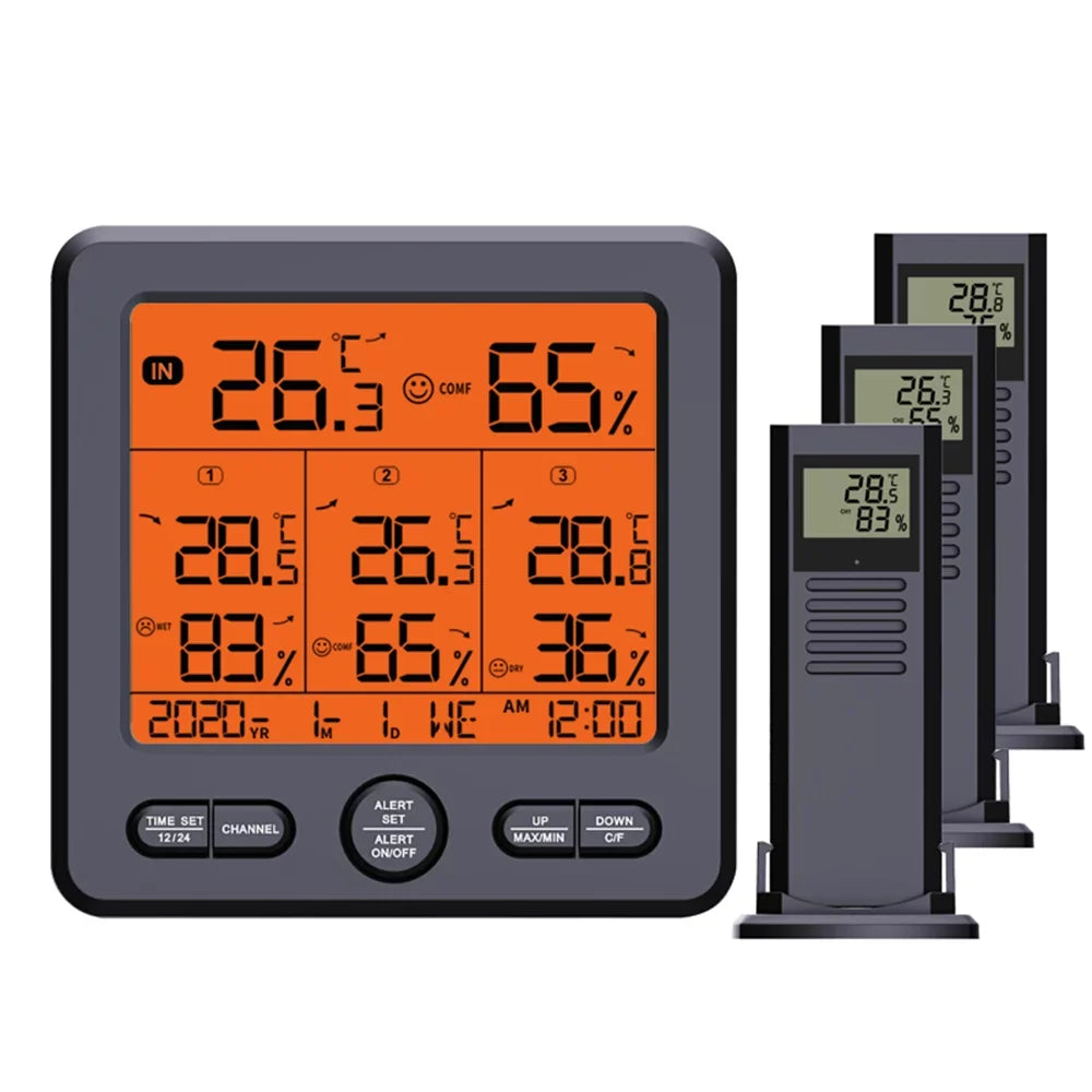 Digital Wireless Indoor  Thermohygrometer with 3 Remote Sensors 98ft/ 30m Backlight & Alarm Calibration Function Humidity  with 3 Transmitters Weather Stations for Home Office