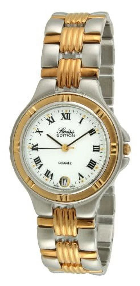 Swiss Edition Men's Two Tone Silver & 23K Gold Plated Luxury Roman Numeral White Dial Gold Bezel Dress Watch SE3606-M