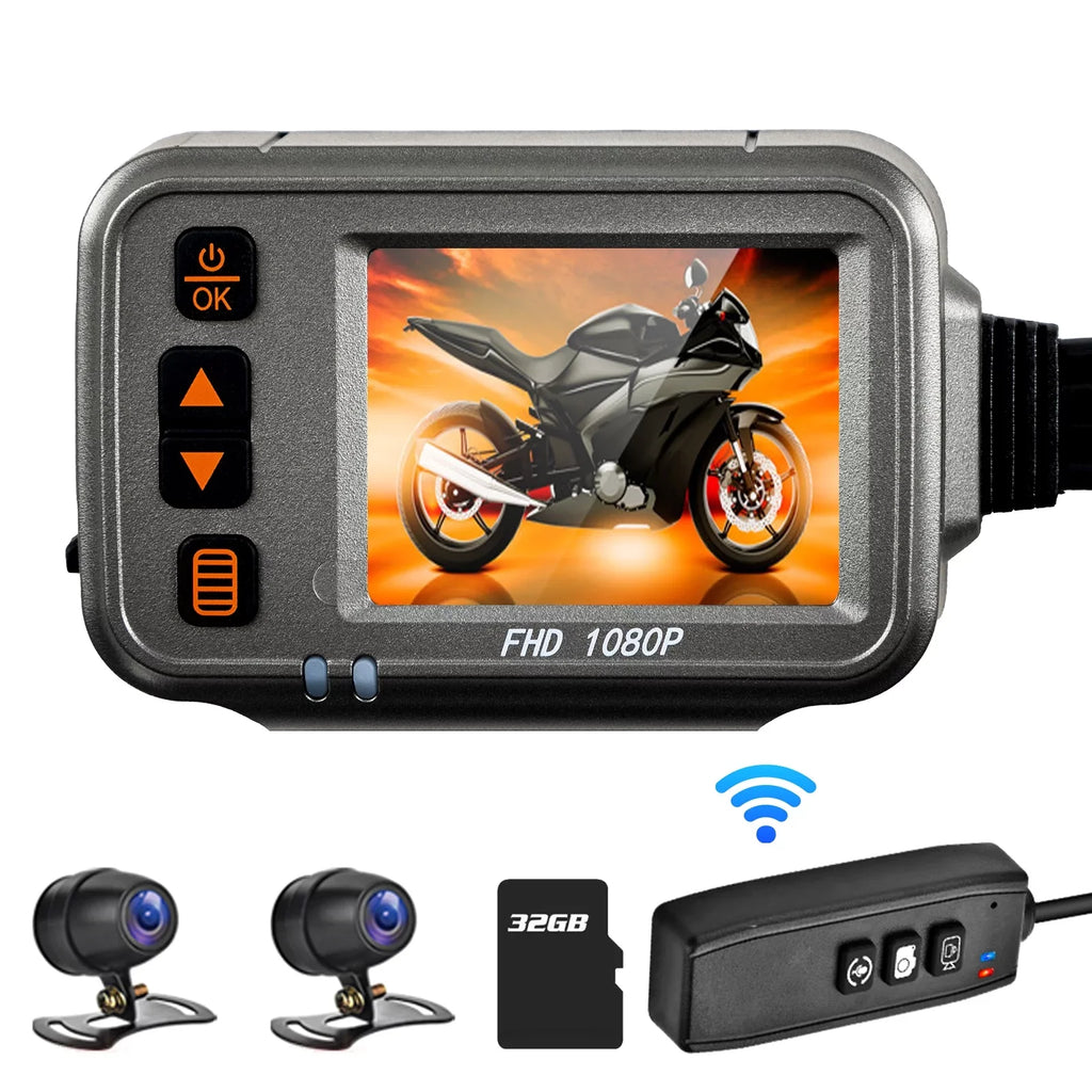 Motorcycle Dash Cam,WiFi Dual 1080p Motorbike Camera ,120° Wide Angle,Parking , Timed Recording After Flameout Full Body Waterproof Night Vision With 32G storage card