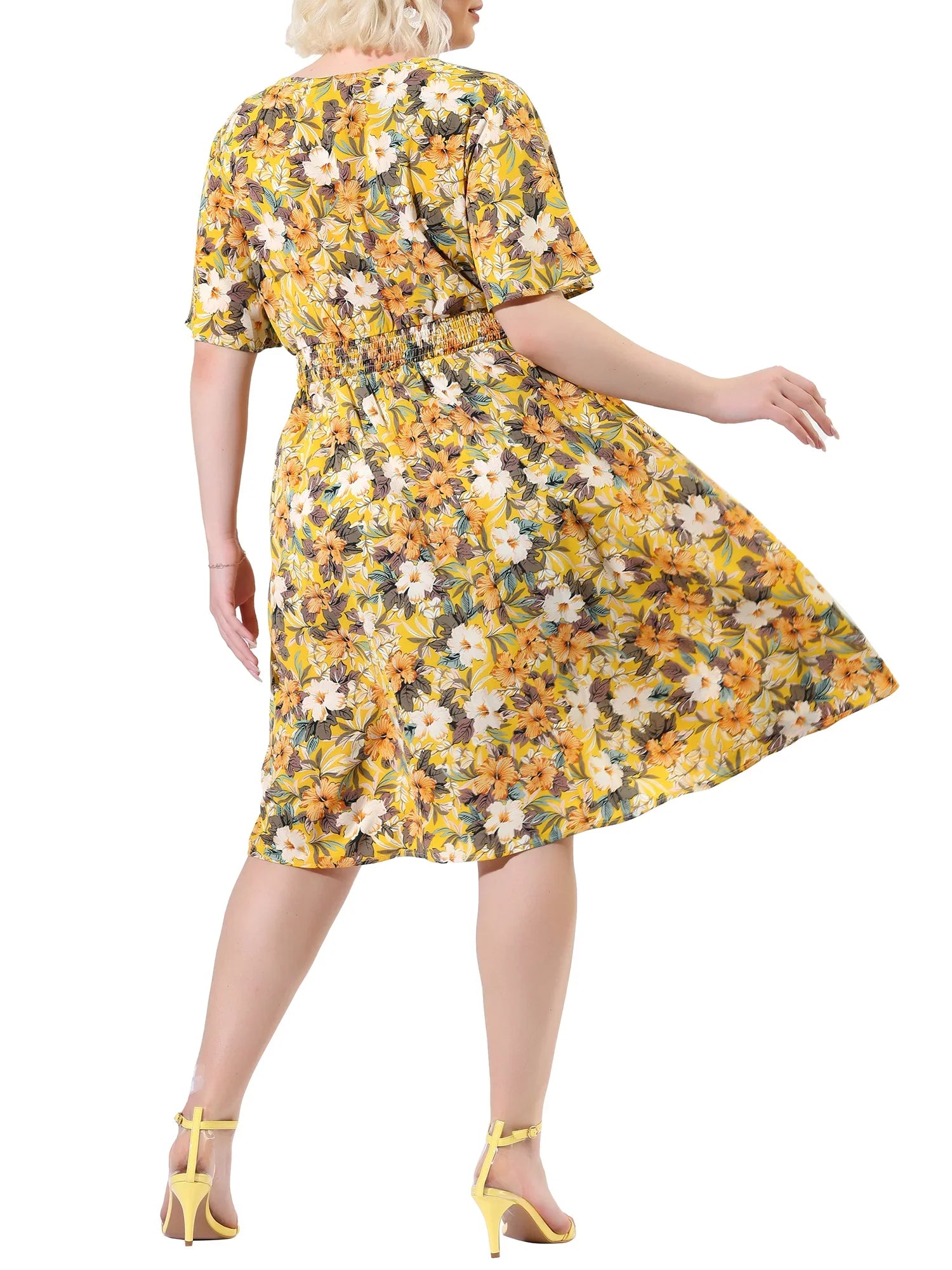 Juniors' Plus V Neck Floral Print Flare Sleeve Casual Midi Dress Yellow 3X