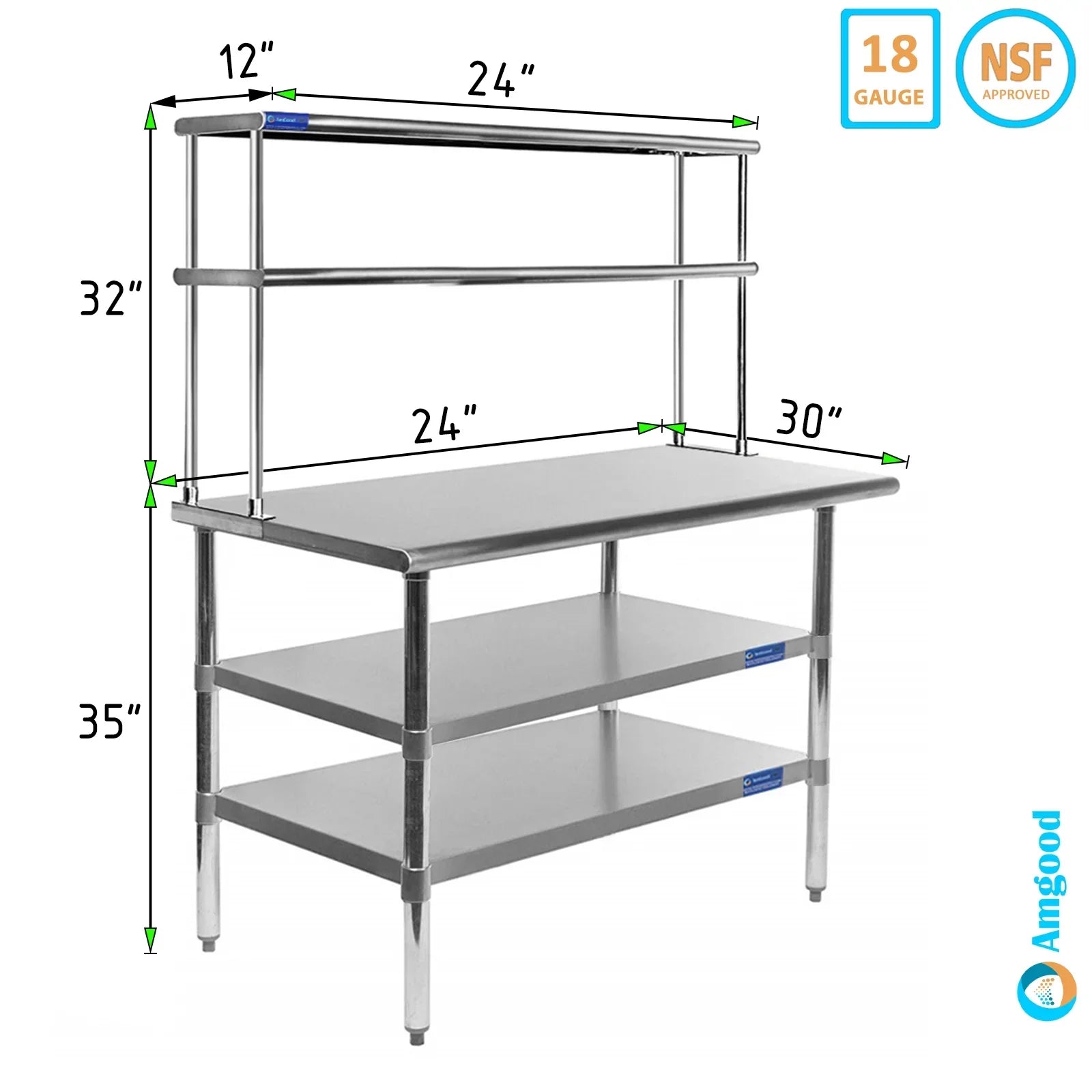 30" x 24" Stainless Steel Work Table With Two Shelves | 12" Wide Double Tier Overshelf | Metal Kitchen Prep Table & Shelving Combo