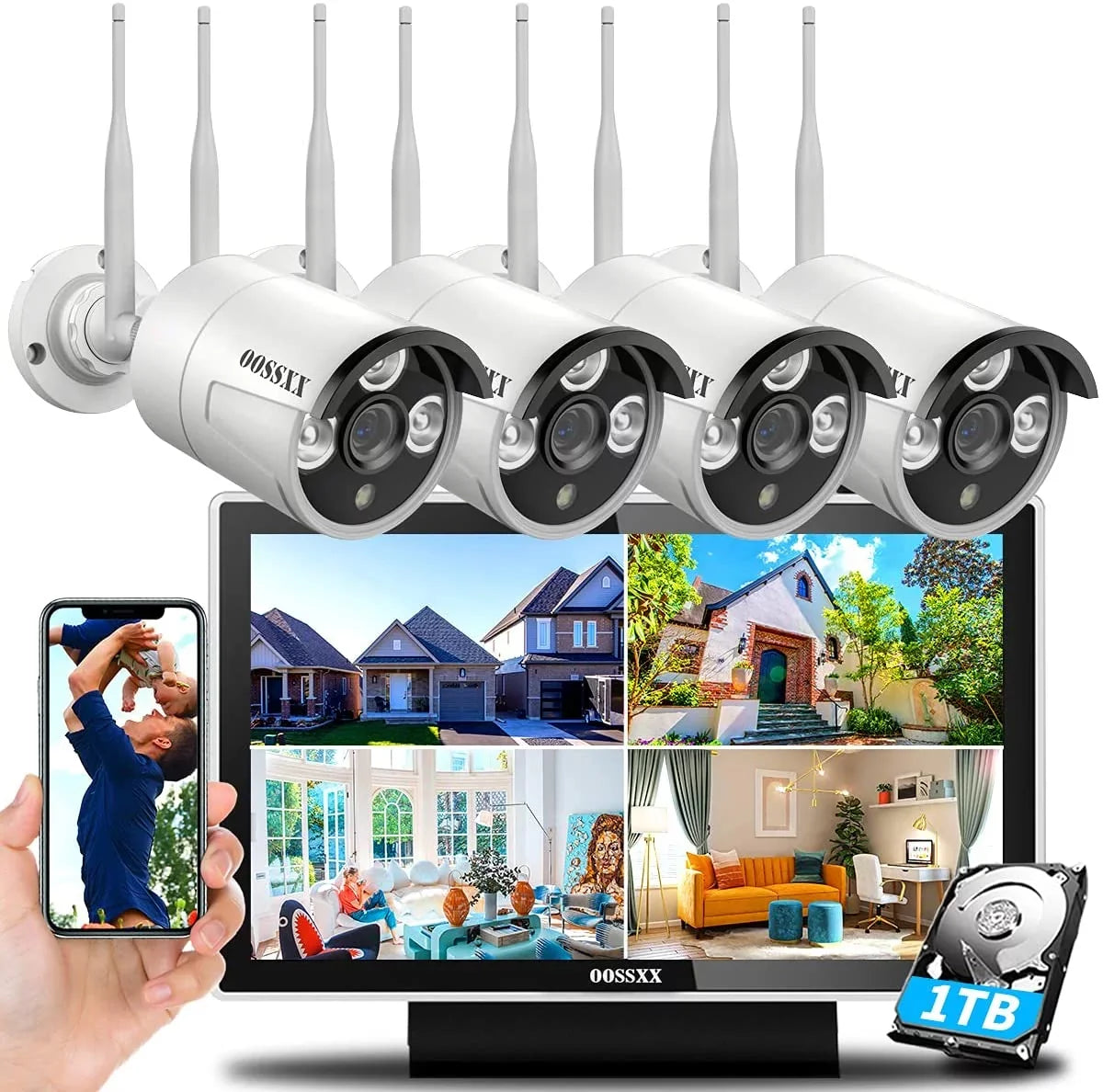 【8CH Expandable·Audio】 All in One Monitor Wireless Security Camera System,Home Surveillance Video Camera Kits with 10"  Screen,4Pcs Outdoor/Indoor  WiFi Cameras,1TB , Waterproof,Remote View