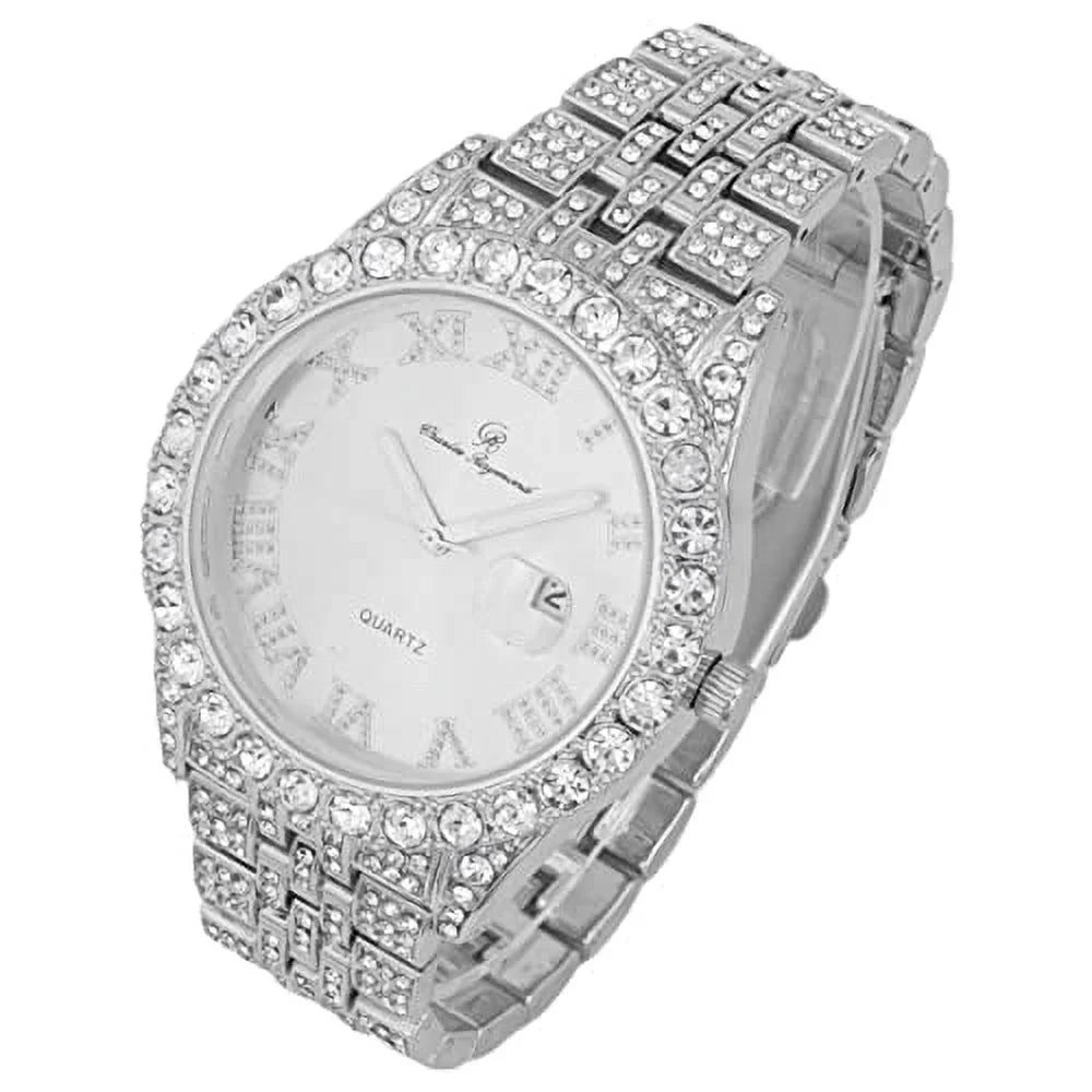 Charles Raymond Big Rocks w/Roman Numerals Fully Iced Out Mens Watch w/Easy Read Date and Colorful Dials- Designer Hip Hop Blinged Out Timepiece - ST0226RND Cuban Silver Silver