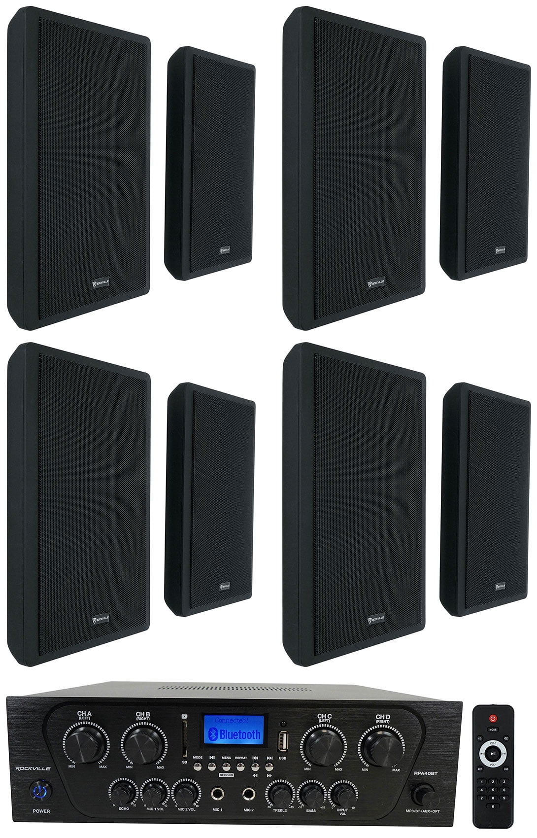 Rockville RPA40BT 4-Room Home Audio Kit Receiver+(8) Black Slim Wall Speakers
