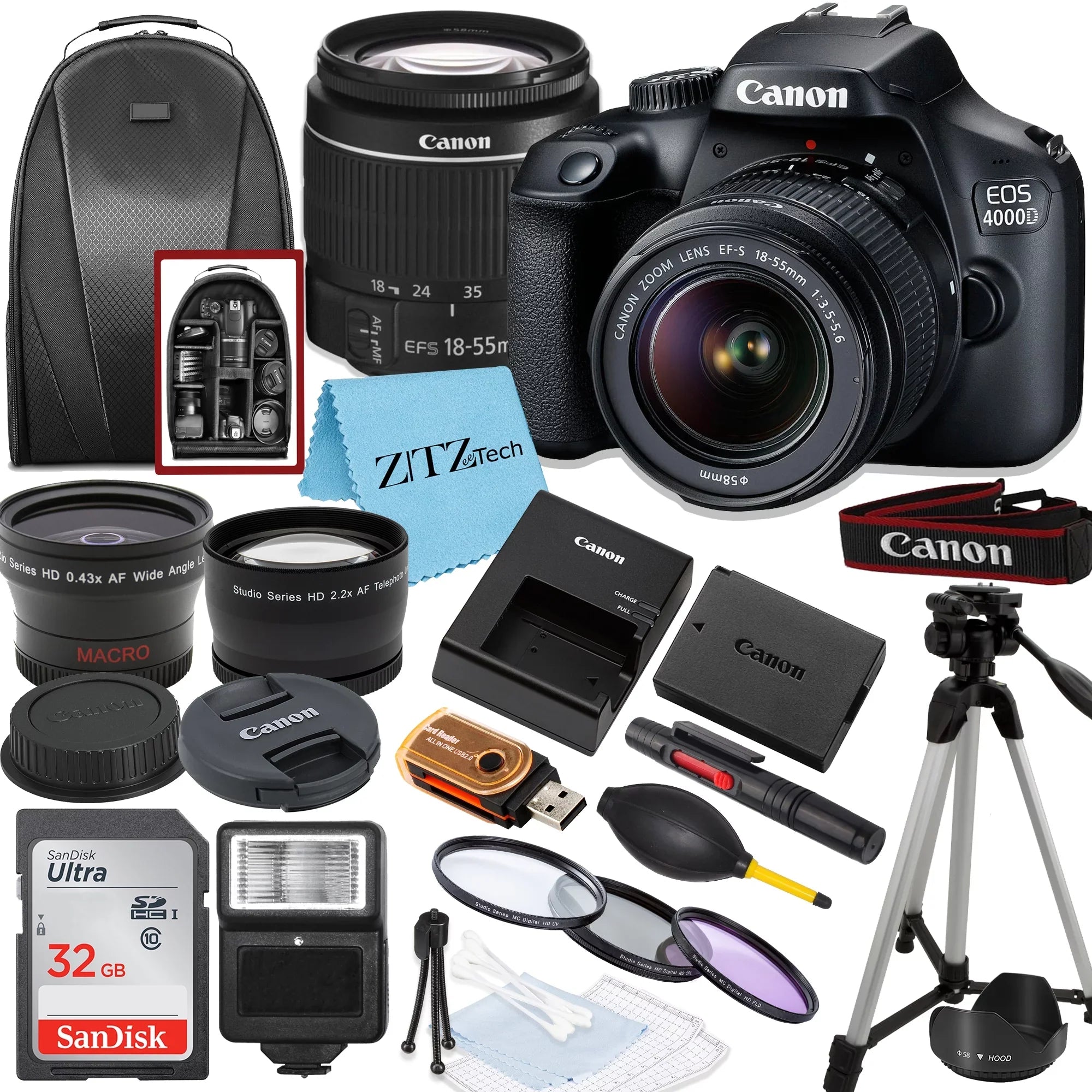 Canon  Rebel T100 / 4000D  Camera with 18-55mm Lens, SanDisk 32GB Memory, Tripod, Backpack and ZeeTech Bundle
