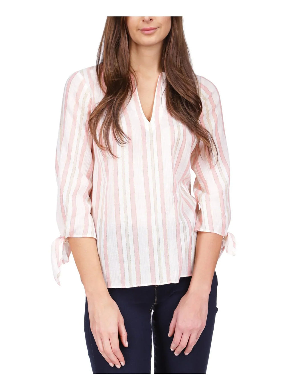 Womens Orange Sheer Tie Cuffs Unlined Round Hem Striped 3/4 Sleeve V Neck Top L
