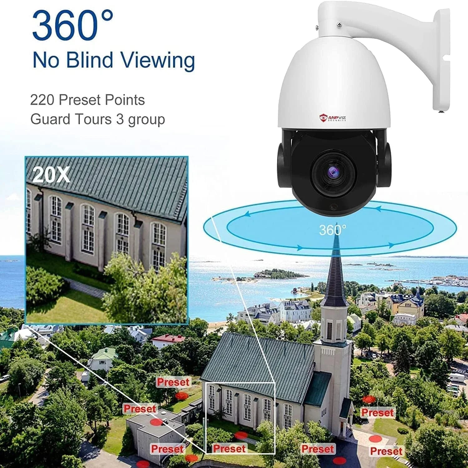 Anpviz 8MP PoE   Surveillance Camera 20X Optical Zoom,   Security Camera Outdoor Indoor with Mic/Audio, Person Vehicle Detection,  Night Vision, Metal, Pan 360°/Tilt 90°, IP66 Waterproof