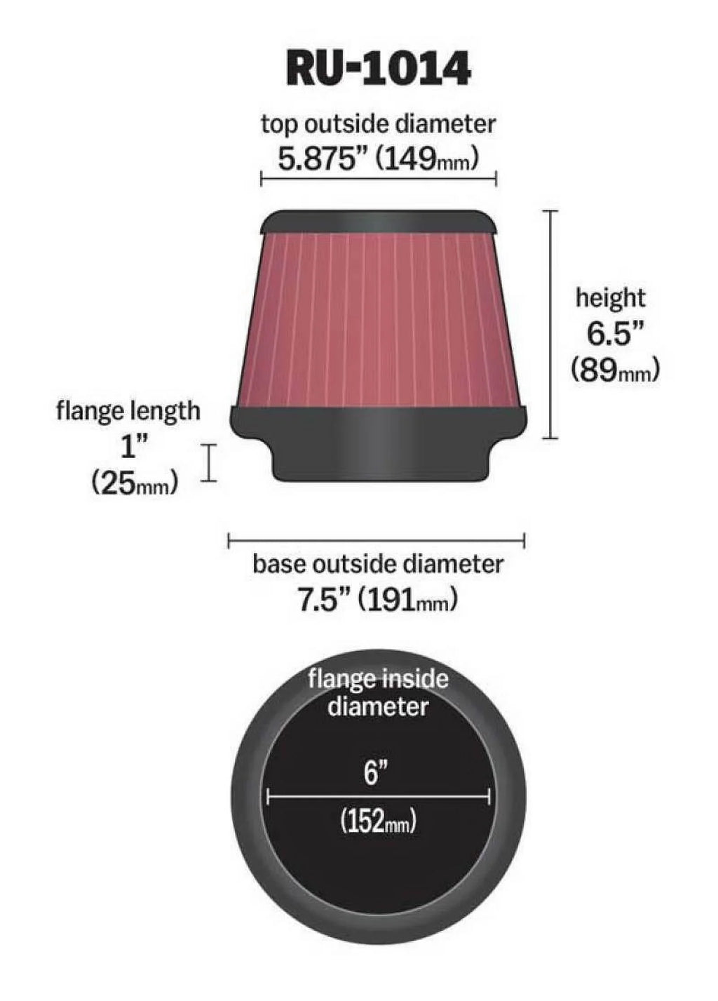 K&N Universal Clamp-On Air Filter: High Performance, Premium, Washable, Replacement Engine Filter: Flange Diameter: 6 In, Filter Height: 6.5 In, Flange Length: 1 In, Shape: Round Tapered, -1014