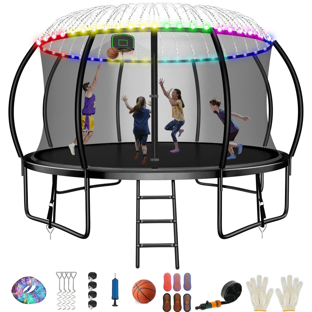 12FT 990LBS Trampoline with Basketball Hoop for Kids,Pumpkin Outdoor Trampoline with Enclosure Net,Sprinkler,Light,Socks,Ladder, Recreational Backyard Trampoline Capacity for 4-6 Kids