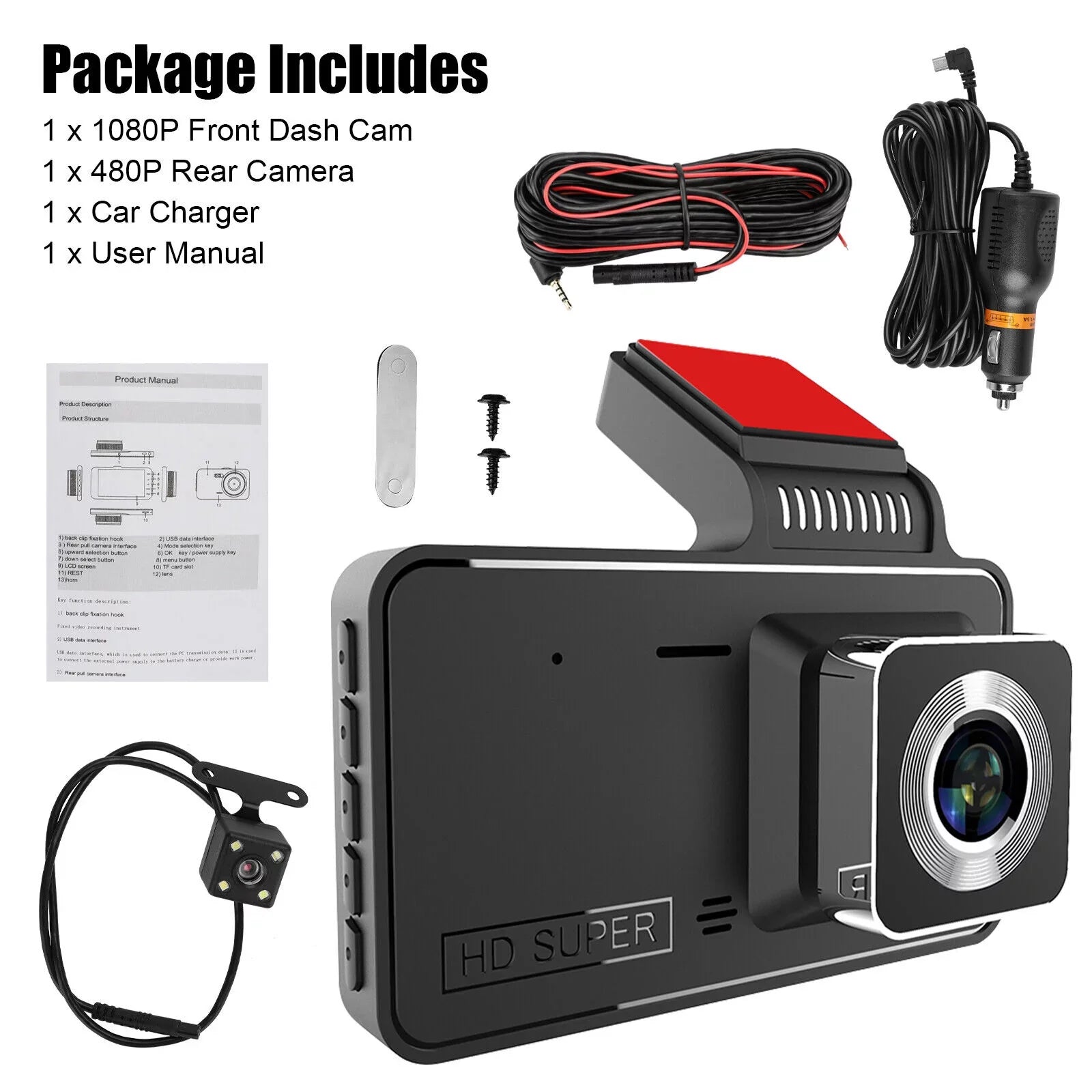 Dual Lens Car  Dash Cam Video Recorder G-Sensor 1080P Front And Rear Camera