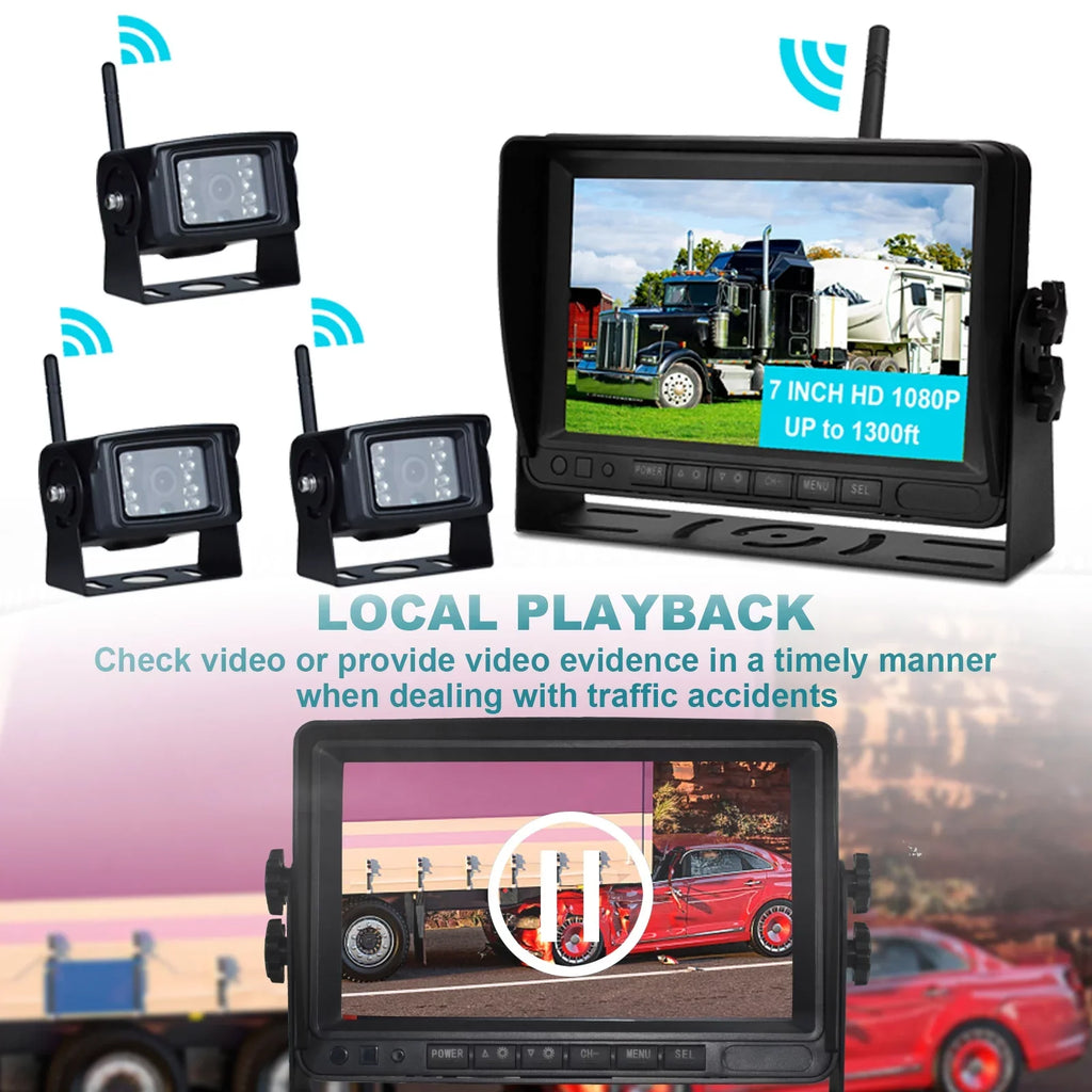 7" Display  1080P Wireless 3CH Rear View Backup Camera Kit for Truck Trailer