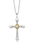 Gem Stone King 925 Silver and 10K Yellow Gold Cultured Freshwater Pearl and Lab Grown Diamond Cross Pendant Necklace for Women (0.10 Cttw, Round 4-4.5MM Pearls, 18 inch Chain)