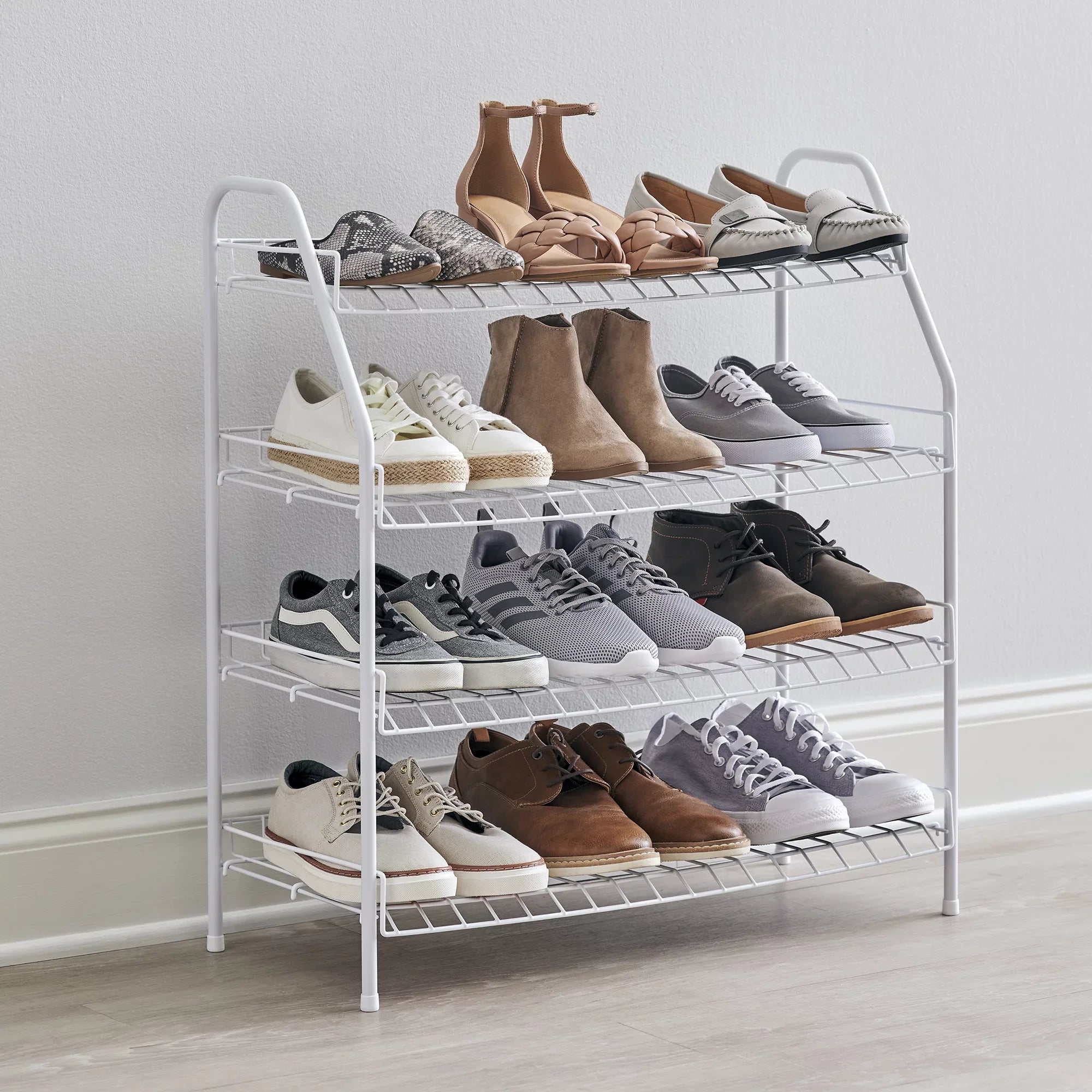 Rubbermaid Freestanding 4-Tier Wire Shelf Shoe Rack and Organizer, White