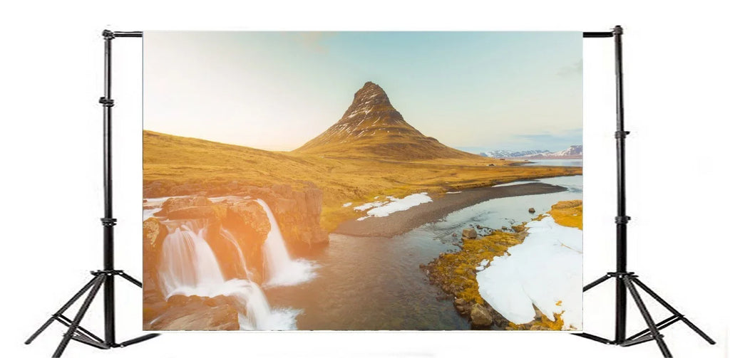 HelloDecor 7x5ft Iceland Mountain Kirkjufellsfoss Backdrop Nature Landscape Cascade Grass Lawn Blue Sky Outdoor Travel Photography Background Kids Adults Photo Studio Props