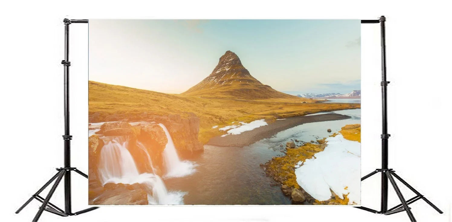 HelloDecor 7x5ft Iceland Mountain Kirkjufellsfoss Backdrop Nature Landscape Cascade Grass Lawn Blue Sky Outdoor Travel Photography Background Kids Adults Photo Studio Props