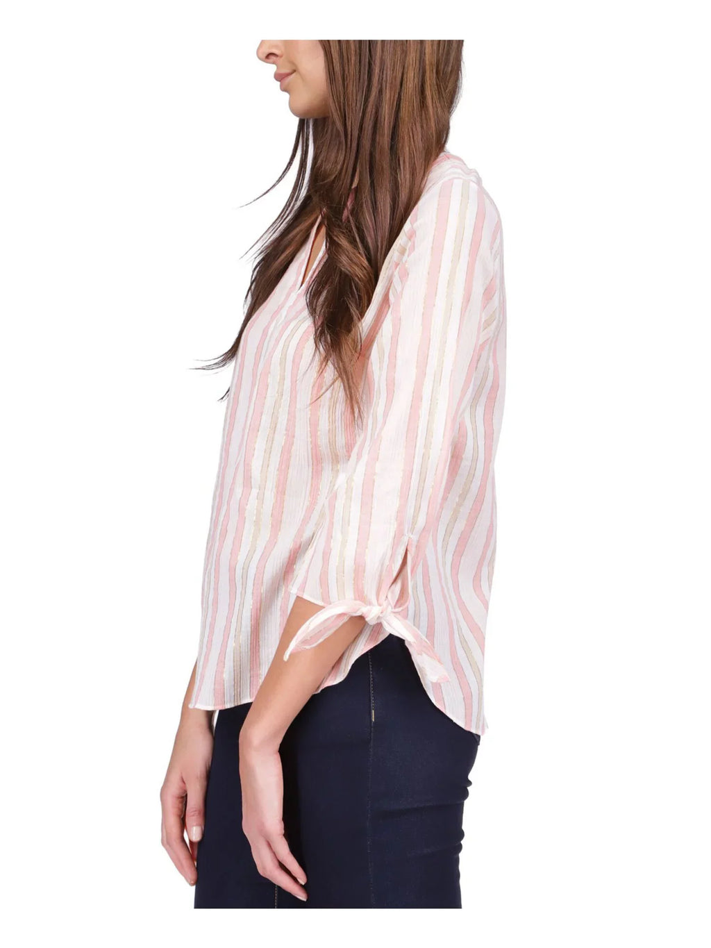 Womens Orange Sheer Tie Cuffs Unlined Round Hem Striped 3/4 Sleeve V Neck Top L