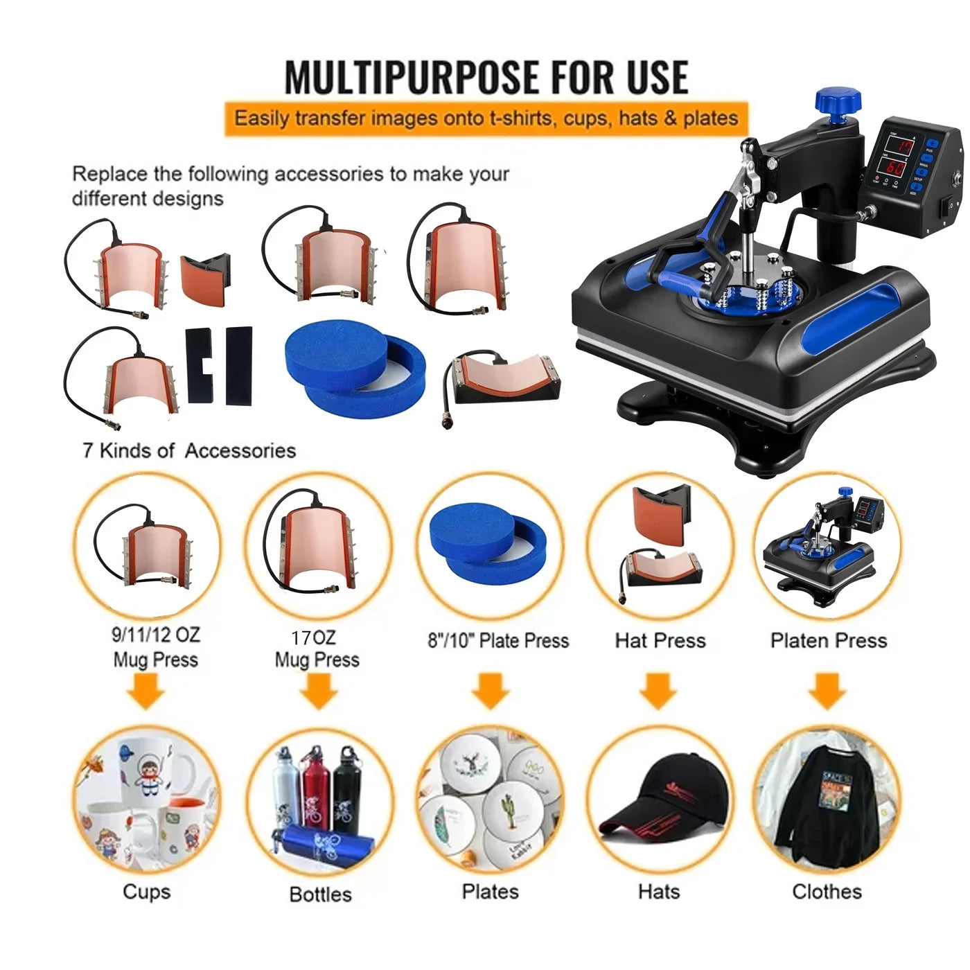 Blue Heat Press Machine 8 in 1, 12 x 15 Inches Sublimation Transfer Printer, Digital Precise  Control Printing, 360 Swing Away Vinyl Transfer Printer for T-Shirts, Canvas Bag, Pillow, Banner