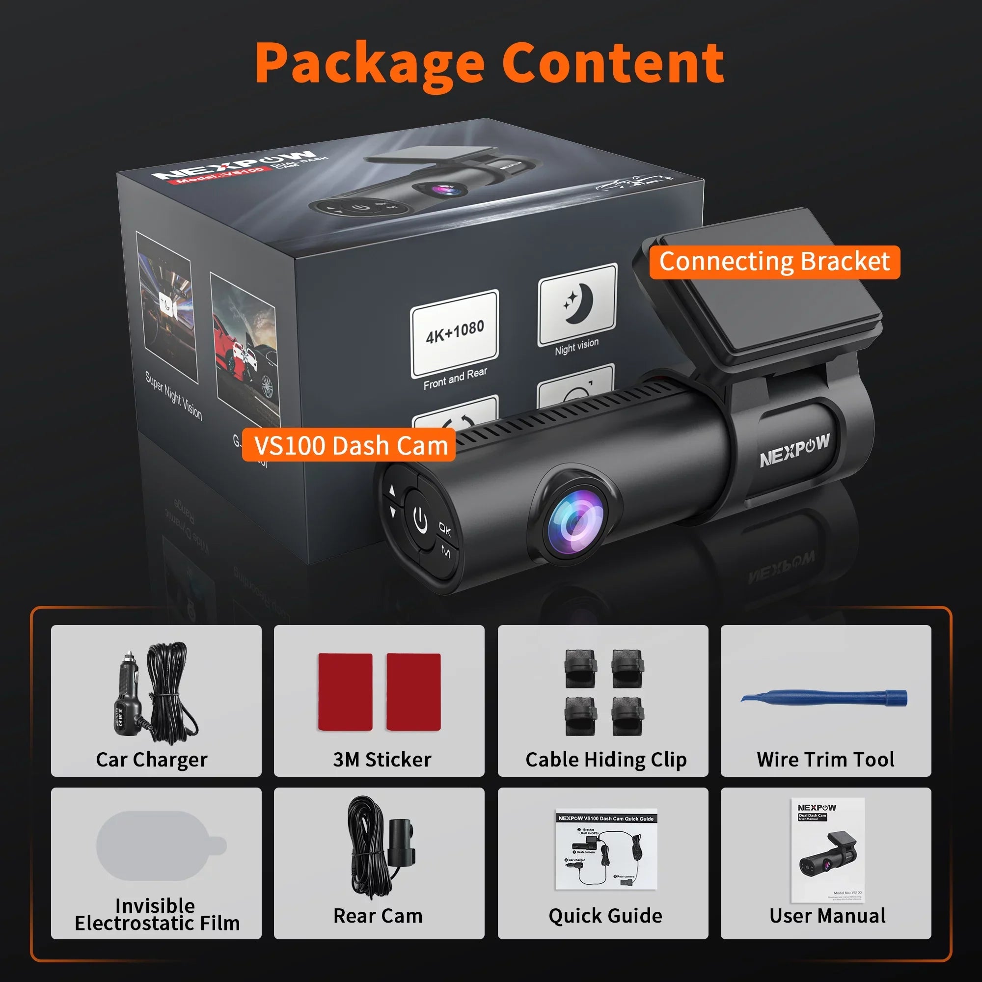 Dash Cam, 4K Dash Cam Front and Rear with Built-in , Car Camera with 1.47"  Screen, Night Vision, 170° Wide Angle, Super Capacitor, , 24H Parking Mode, Support 128GB Max