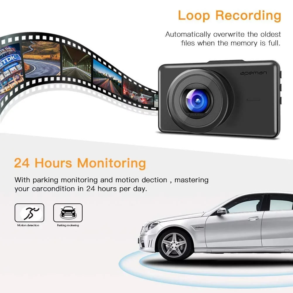 Dash Cam 1080P   Car Driving Recorder 3"  Screen 170°Wide Angle, G-Sensor, , Parking Monitor, Loop Recording, Motion Detection