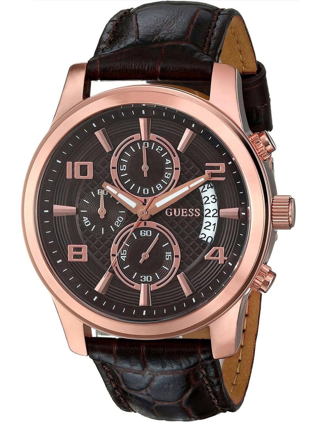 Guess Men's W0076G4, Chronograph,Rose gold tone,dark dial,stainless steel case,leather strap,date,50m
