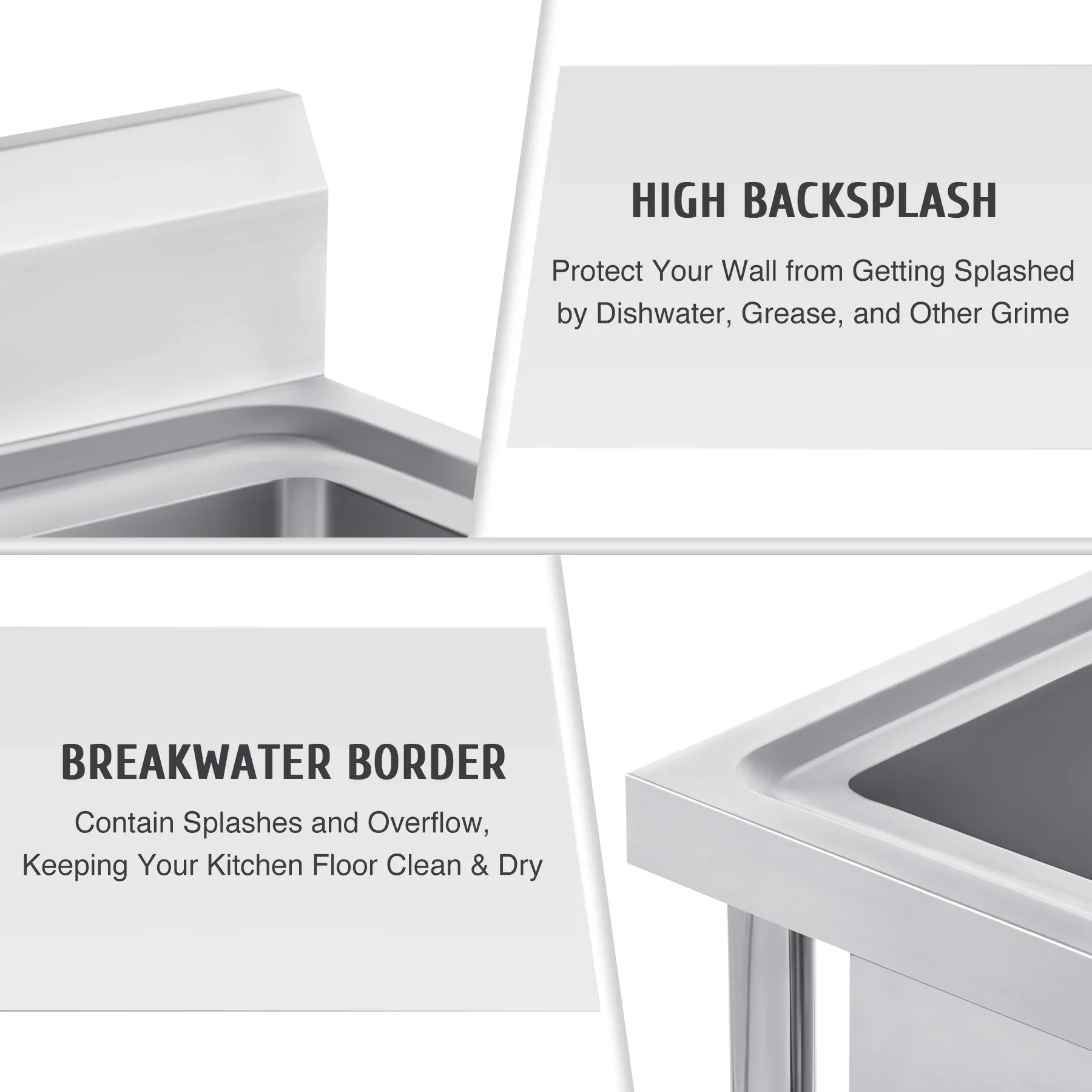 Wilprep Commercial Stainless Steel Utility Sink w Drainboard Strainer Backsplash for Kitchen Bar