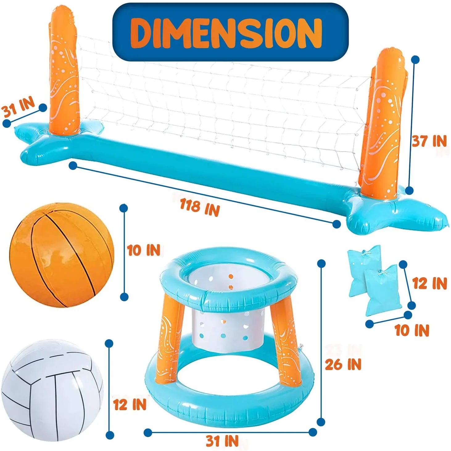 Marigold Inflatable Basketball & Volleyball Net with 2 Ball, Basketball Hoops Swimming Pool Game for Kids, Volleyball Court Adults, Outdoor Family Fun | Light Blue