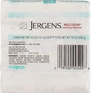 Jergens Mild Bar Soap for Normal to Sensitive Skin, 4.5 oz (4 Count)