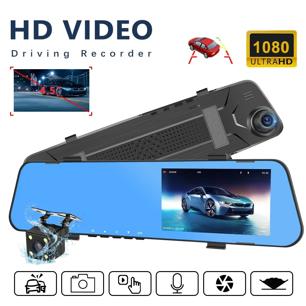 Podofo 4.5in Rearview Mirror Recorder Full Hd 1080p Rearview Mirror Automobile Dash Cam Dual Lens Video Recorder Automobile Dvr Dash Cam Cycle