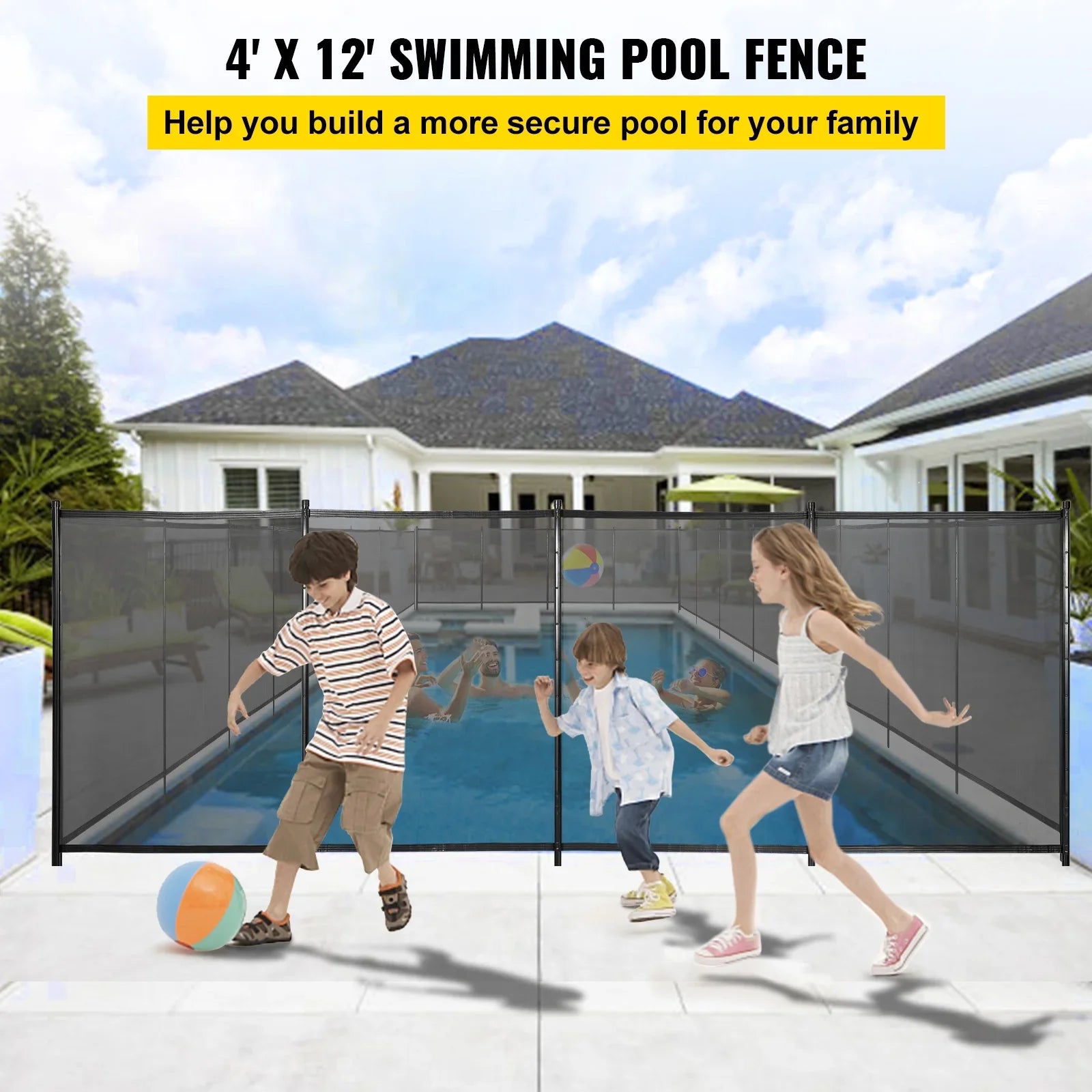 Pool Fencing Mesh, 4 x 12 ft Swimming Pool Fence, 1000D  Fabric Removable Pool Fence with Aluminum Poles and Foot Tubes, Breathable Pool Fences for Inground Pools for Security and Privacy