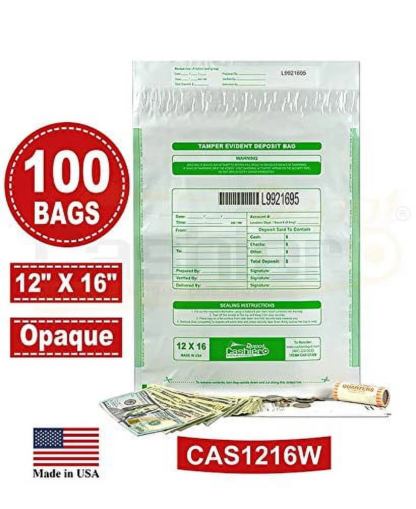 Cashier Depot Tamper Evident Deposit Bags, 12" x 16" White, Serialized Numbering, Barcode, Press & Seal Void Closure Tape (100 Bags)