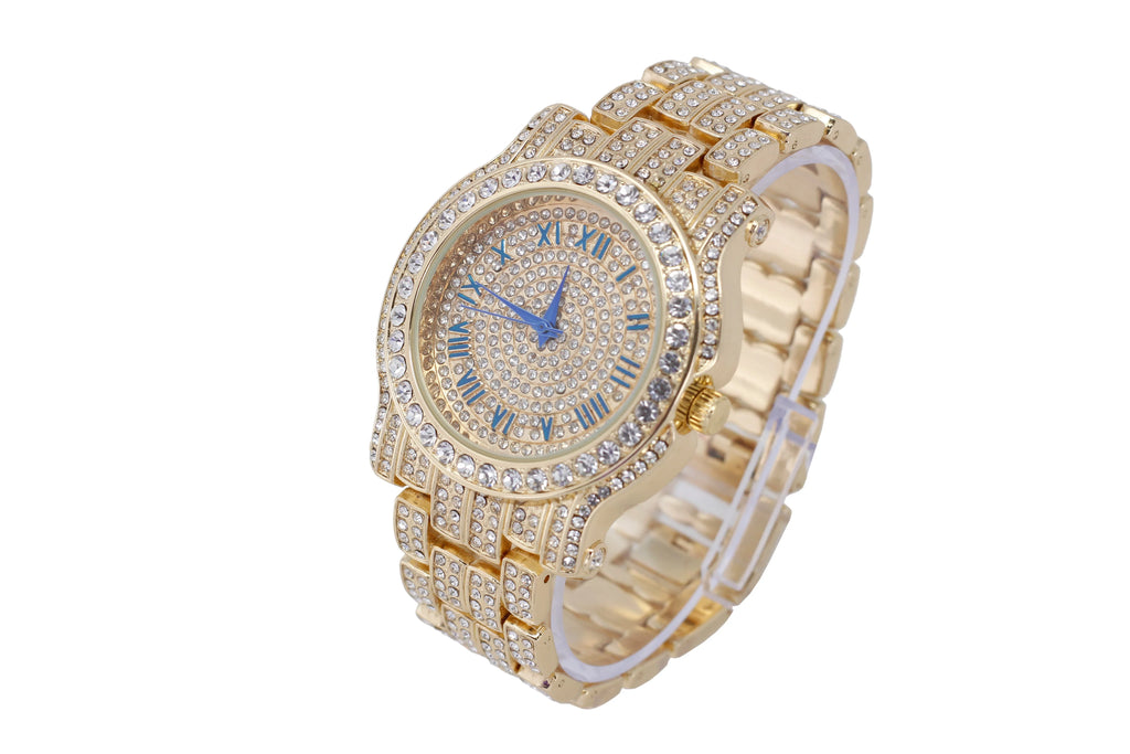 Bling-ed Out Round Luxury Mens Watch w/Bling-ed Out Cuban Bracelet and Iced King Ring Set - L0504  3pc Set(11,Gold #Blue)