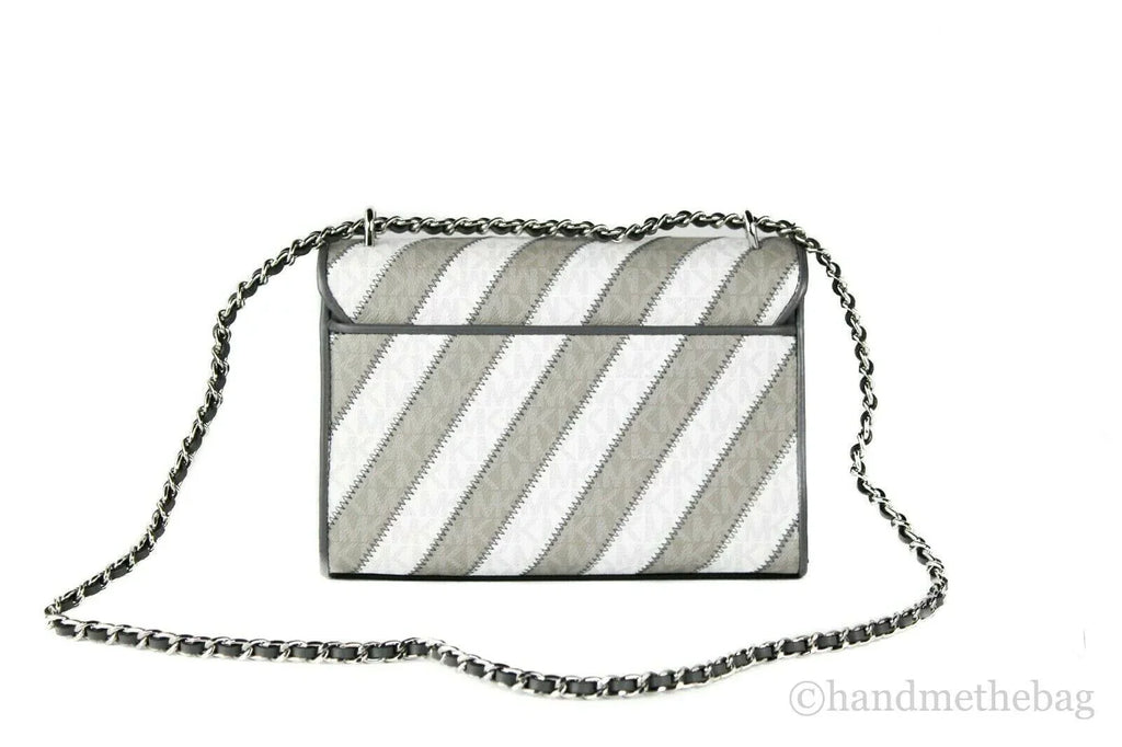 Michael Kors Rose Pearl Grey Striped Signature  Medium Flap Shoulder Handbag