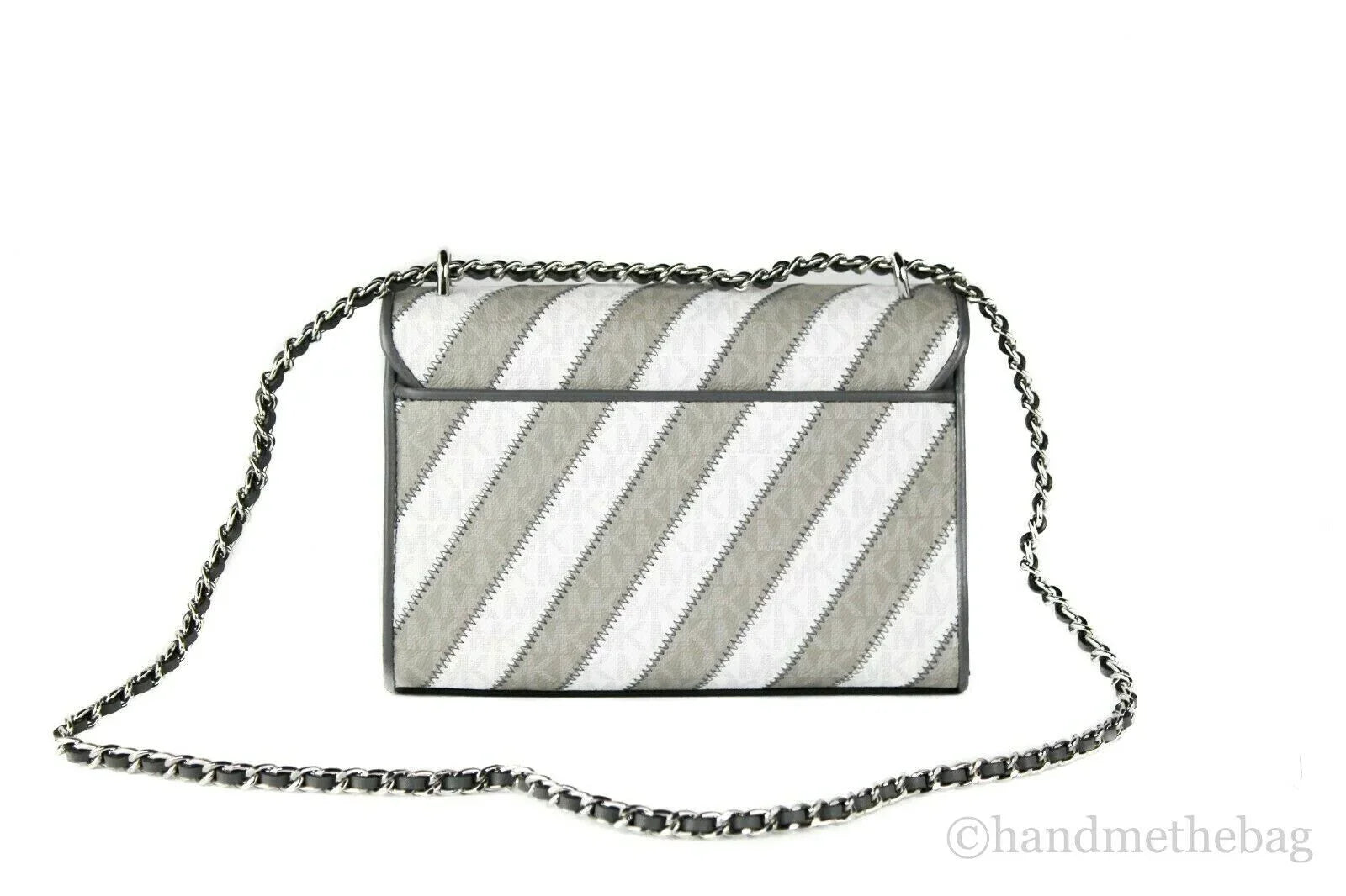 Michael Kors Rose Pearl Grey Striped Signature  Medium Flap Shoulder Handbag