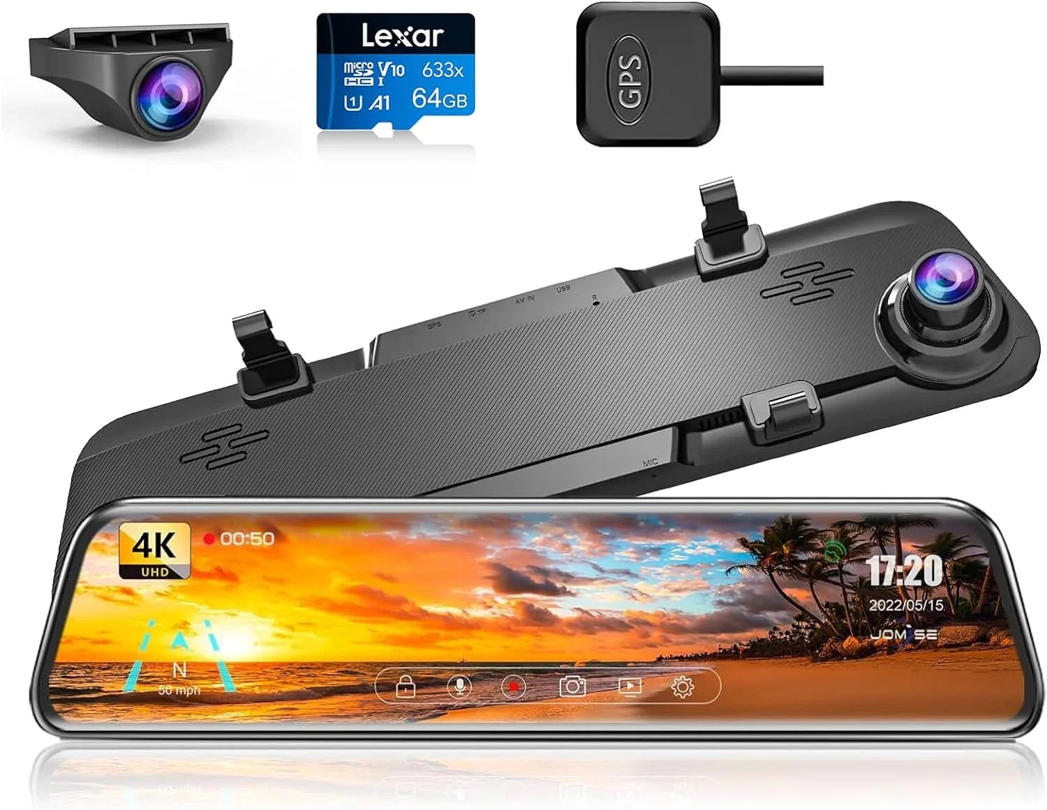 K17 Dash Cam 4K  12" Rear View Mirror Camera 2160P Ultra  Front and Rear Night Vision Parking Assistante 64GB Card