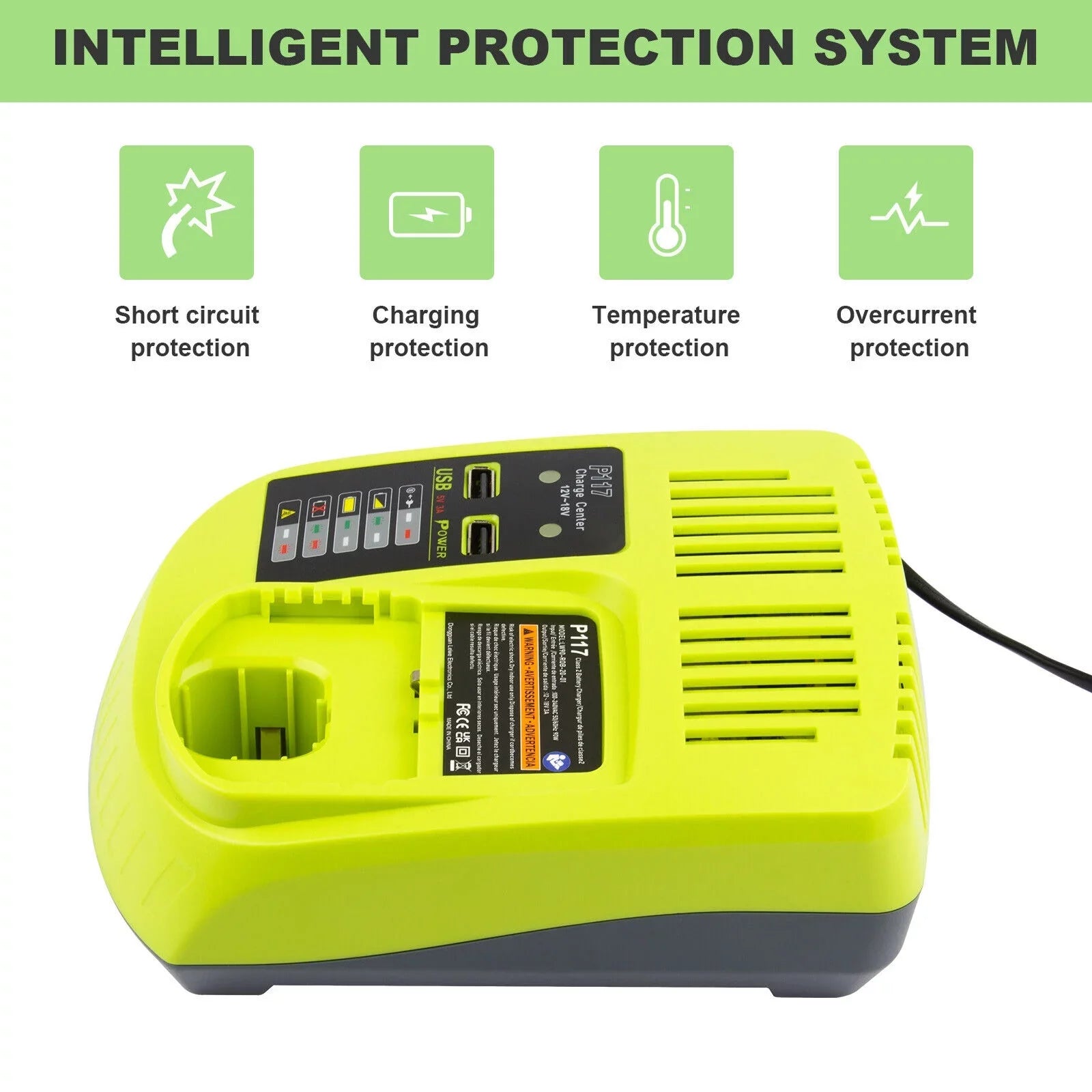 P117 Battery Charger For  18V High Capacity 18Volt Lithium-Ion P108 P106