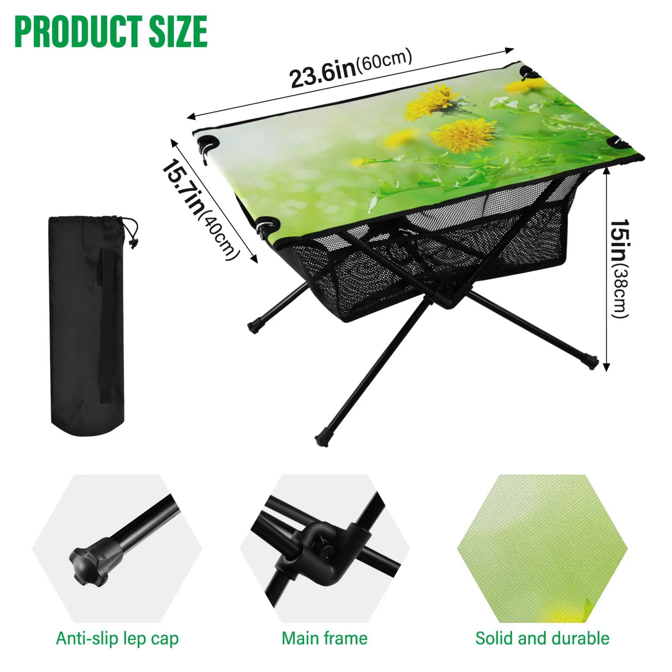 Spring Green Flowers Camping Folding Table Portable Beach Table with Storage Bag Compact Picnic Table for Outdoor Travel Fishing