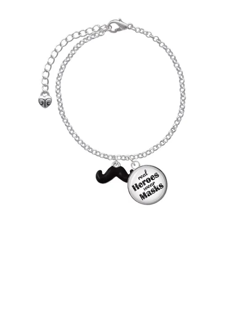Delight Jewelry Silvertone Small Black Enamel Mustache Dome Real Heroes Wear Masks Charm Bracelet